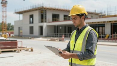 A professional construction worker wearing safety gear on a job site with modern architecture designs in the background