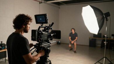 Uma câmera de cinema profissional em um tripé num ambiente de estúdio com iluminação sofisticada, simbolizando o início de uma carreira em produção audiovisual