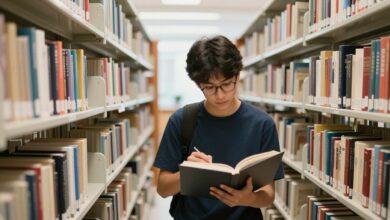 Estudante adulto analisando possibilidades de segunda graduação em uma biblioteca universitária, com livros, notebook e ambiente acadêmico iluminado