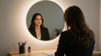 Pessoa escolhendo uma roupa profissional diante do espelho antes de uma entrevista de emprego, em ambiente moderno e bem iluminado