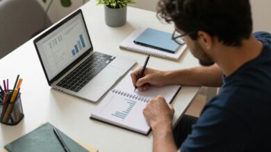 Pessoa planejando um negócio paralelo enquanto mantém seu trabalho formal, com notebook, agenda e gráficos sobre uma mesa organizada