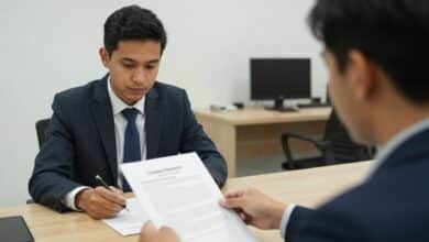 Candidato bem preparado participando de uma entrevista de emprego em ambiente profissional, com recrutador avaliando suas respostas e currículo sobre a mesa