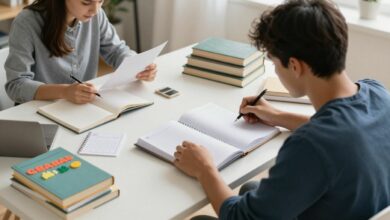 Estudante organizando um plano de estudos em uma mesa iluminada, com agenda, livros, calendário e anotações coloridas em ambiente focado e acolhedor