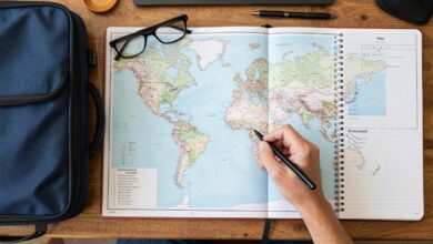 Viajante organizando uma viagem econômica e confortável sobre uma mesa com mapa, notebook, passagens, mala e elementos de planejamento