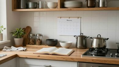 Cozinha e sala de uma casa organizada, com cestos, calendário de tarefas e utensílios bem-dispostos, representando praticidade e mais tempo livre