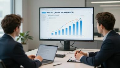Profissional analisando seu desempenho e planejando metas de carreira em um ambiente de trabalho moderno, com anotações e gráficos sobre a mesa
