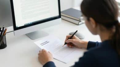 Profissional revisando um currículo em um escritório moderno, com destaques visuais para erros de formatação, informações e apresentação profissional