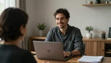 Candidato bem preparado participando de uma entrevista de emprego por vídeo em ambiente profissional, com câmera, notebook e iluminação adequada