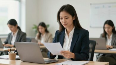 Profissional se preparando com confiança para uma entrevista de emprego em um ambiente corporativo acolhedor