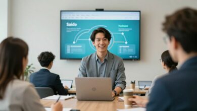 Profissional planejando uma mudança de carreira diante de um painel com caminhos ligados à tecnologia, saúde, sustentabilidade e educação