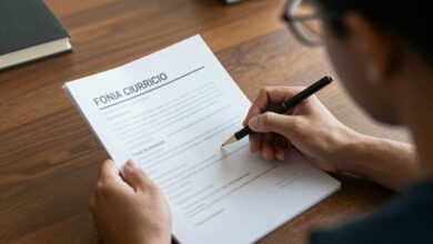 Profissional se preparando para uma entrevista de emprego, revisando o currículo e organizando anotações sobre suas experiências e competências.