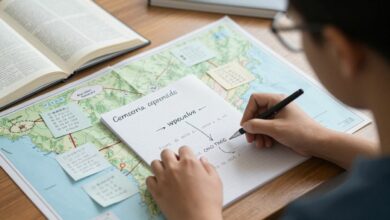 Pessoa estudando em uma mesa organizada, cercada por mapas mentais, cartões de revisão, livros e símbolos que representam memória e aprendizado rápido.