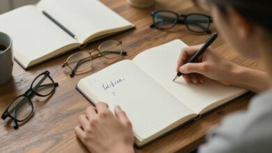 Pessoa anotando ideias em um caderno diante de uma mesa iluminada, com objetos cotidianos que inspiram novas conexões e soluções criativas.