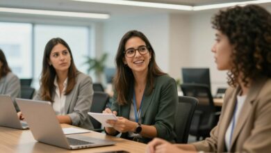 Nova líder conduz uma conversa colaborativa com sua equipe em um ambiente de trabalho moderno, com expressões atentas e clima de confiança.