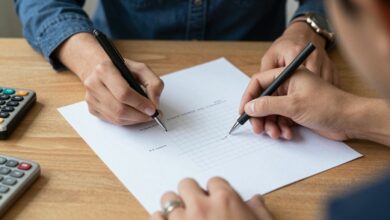 Pessoa organizando notas, esboços e um protótipo simples em uma mesa iluminada, transformando uma ideia em um projeto concreto.