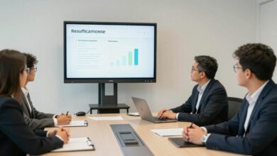 Profissional apresentando resultados e colaborando com colegas em uma reunião moderna de ambiente corporativo