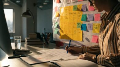 Profissional organizando tarefas e prazos em um calendário de trabalho, com etapas de um projeto planejadas em uma mesa iluminada