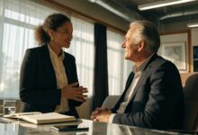Profissional conversando com sua liderança em uma sala de reunião iluminada, com postura confiante e diálogo respeitoso sobre como lidar com um chefe difícil.
