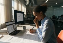 Profissional revisa seu perfil e suas metas de carreira em um espaço de trabalho moderno, planejando como comunicar competências e fortalecer sua marca pessoal.