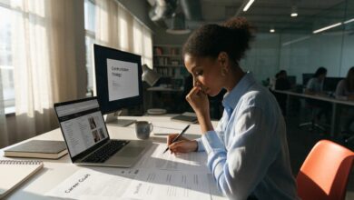 Profissional revisa seu perfil e suas metas de carreira em um espaço de trabalho moderno, planejando como comunicar competências e fortalecer sua marca pessoal.