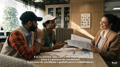 Trabalhadores brasileiros analisam documentos e conversam com uma profissional de recursos humanos sobre direitos trabalhistas em um escritório claro e acolhedor