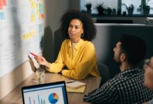 Profissional em ambiente de trabalho analisando prioridades em um quadro de planejamento e propondo uma solução colaborativa para a equipe.