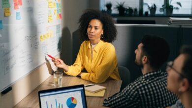 Profissional em ambiente de trabalho analisando prioridades em um quadro de planejamento e propondo uma solução colaborativa para a equipe.