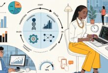 Profissional analisando diferentes caminhos de carreira em um ambiente de trabalho moderno, com gráficos de crescimento e ícones de tecnologia, saúde, finanças e engenharia.