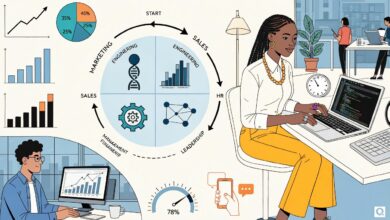 Profissional analisando diferentes caminhos de carreira em um ambiente de trabalho moderno, com gráficos de crescimento e ícones de tecnologia, saúde, finanças e engenharia.