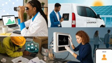 Profissionais brasileiros de diferentes áreas analisando oportunidades de carreira em um ambiente moderno de trabalho, com elementos de tecnologia, saúde, energia limpa e logística.