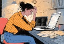 Ilustração editorial de uma profissional em ambiente de escritório, demonstrando cansaço e sobrecarga diante do computador, com uma luz acolhedora ao fundo e elementos sutis que remetem à saúde mental no trabalho.