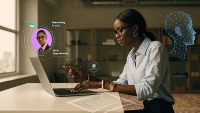 Profissional revisando seu perfil do LinkedIn em um laptop, com elementos visuais que representam carreira, networking e oportunidades de trabalho.
