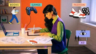 Ilustradora trabalhando em uma mesa digitalizadora enquanto esboços de livros, jogos, moda e publicidade mostram diferentes carreiras em ilustração.