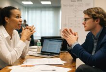 Profissional conversando com uma liderança em uma reunião de integração no início de um novo emprego, representando o período de experiência