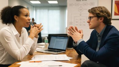Profissional conversando com uma liderança em uma reunião de integração no início de um novo emprego, representando o período de experiência