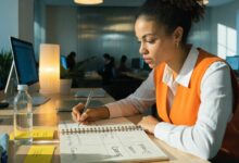 Profissional organizando a rotina de trabalho em uma agenda, priorizando tarefas e reservando períodos para concentração e pausas em um escritório iluminado.